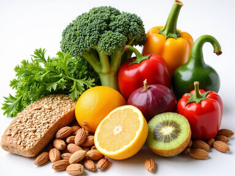 Eine Auswahl an gesunden Lebensmitteln wie Gemüse, Obst, Nüsse und Vollkornprodukte, appetitlich angerichtet, die einen ausgewogenen Ernährungsplan symbolisieren.