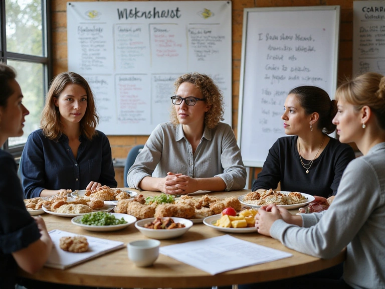 Eine Gruppe von Menschen, die aufmerksam einem Ernährungsberater in einem Workshop zuhören, mit Diagrammen und gesunden Snacks auf dem Tisch.