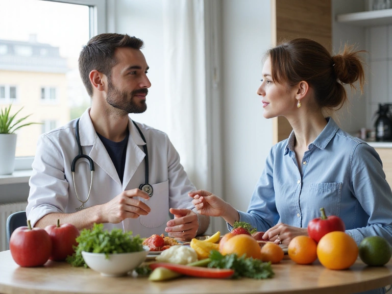 Eine Person in einem Beratungsgespräch mit einem Ernährungsberater, der gesunde Lebensmittel wie Obst und Gemüse auf einem Tisch erklärt.