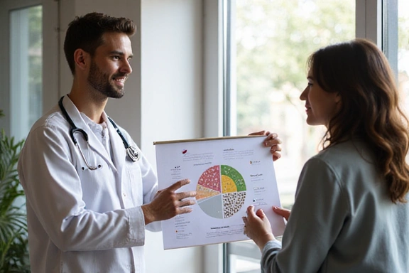 Un nutrizionista che spiega un grafico sull'alimentazione equilibrata a un paziente in un ambiente professionale.