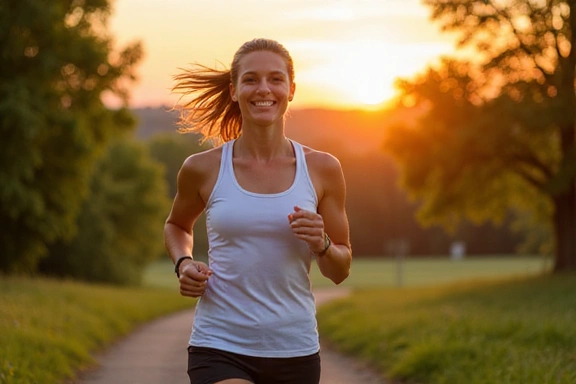 Una donna che fa jogging in un parco al tramonto, con un'espressione energica e felice.