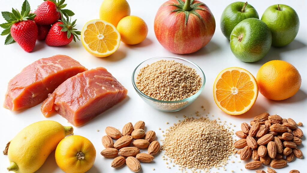 Collage di cibi sani e colorati che rappresentano diverse esigenze nutrizionali