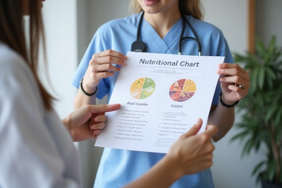 Mani di un professionista che spiegano un grafico nutrizionale a un paziente, in un ambiente medico e sereno.